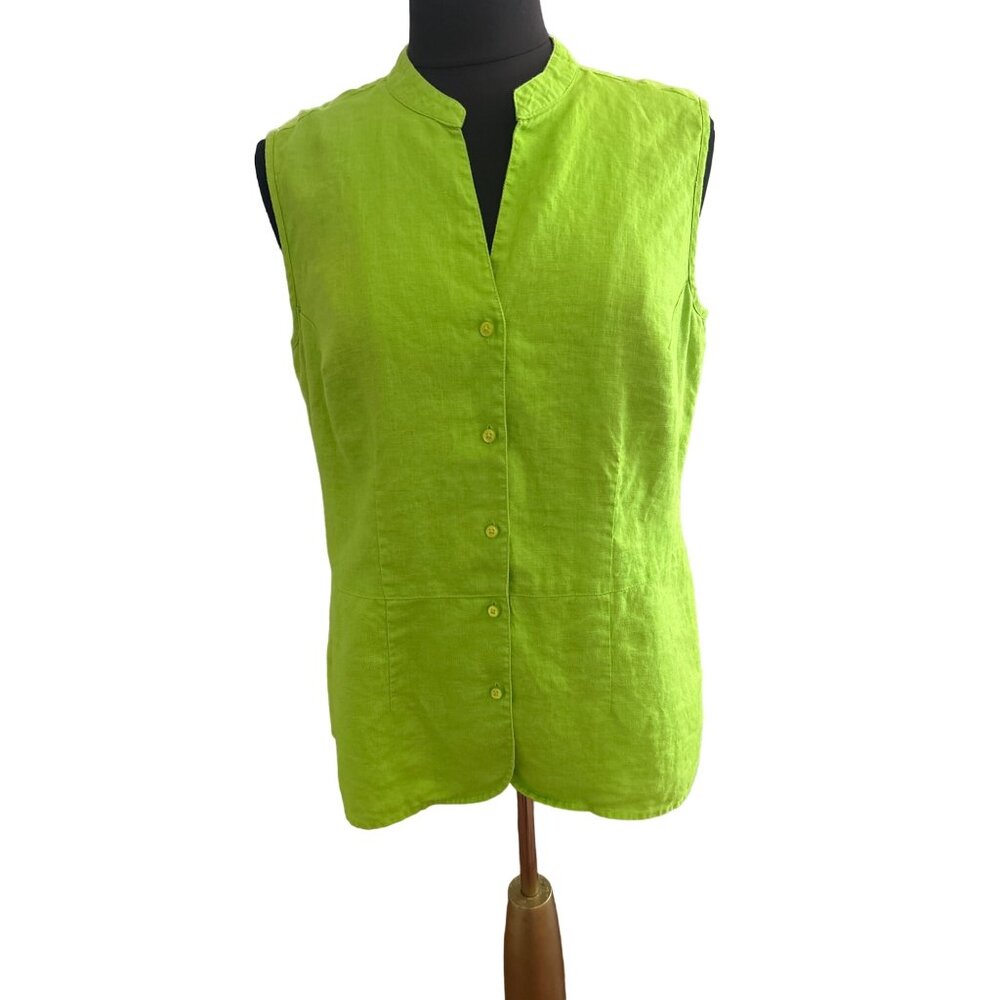 Kim Rogers Sleeveless Green Linen Button Down Blouse Size L 100 % Linen